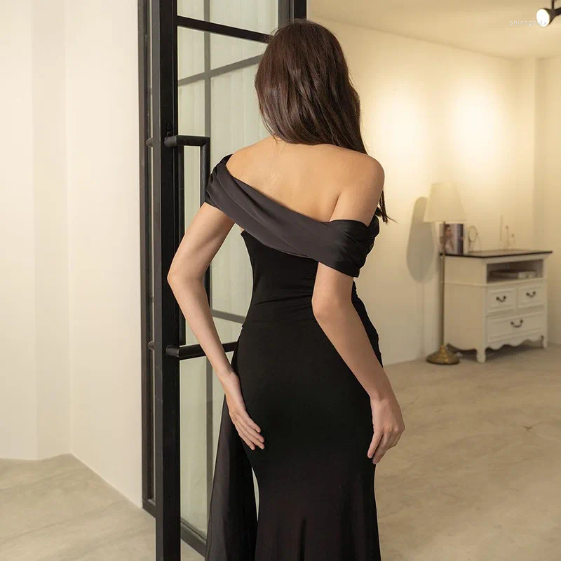 Casual Dresses 2024 Party Evening Elegant Black Slash Neck Maxi Dress For Women Fashion Short Sleeve Bodycon Banquet Vestidos Female