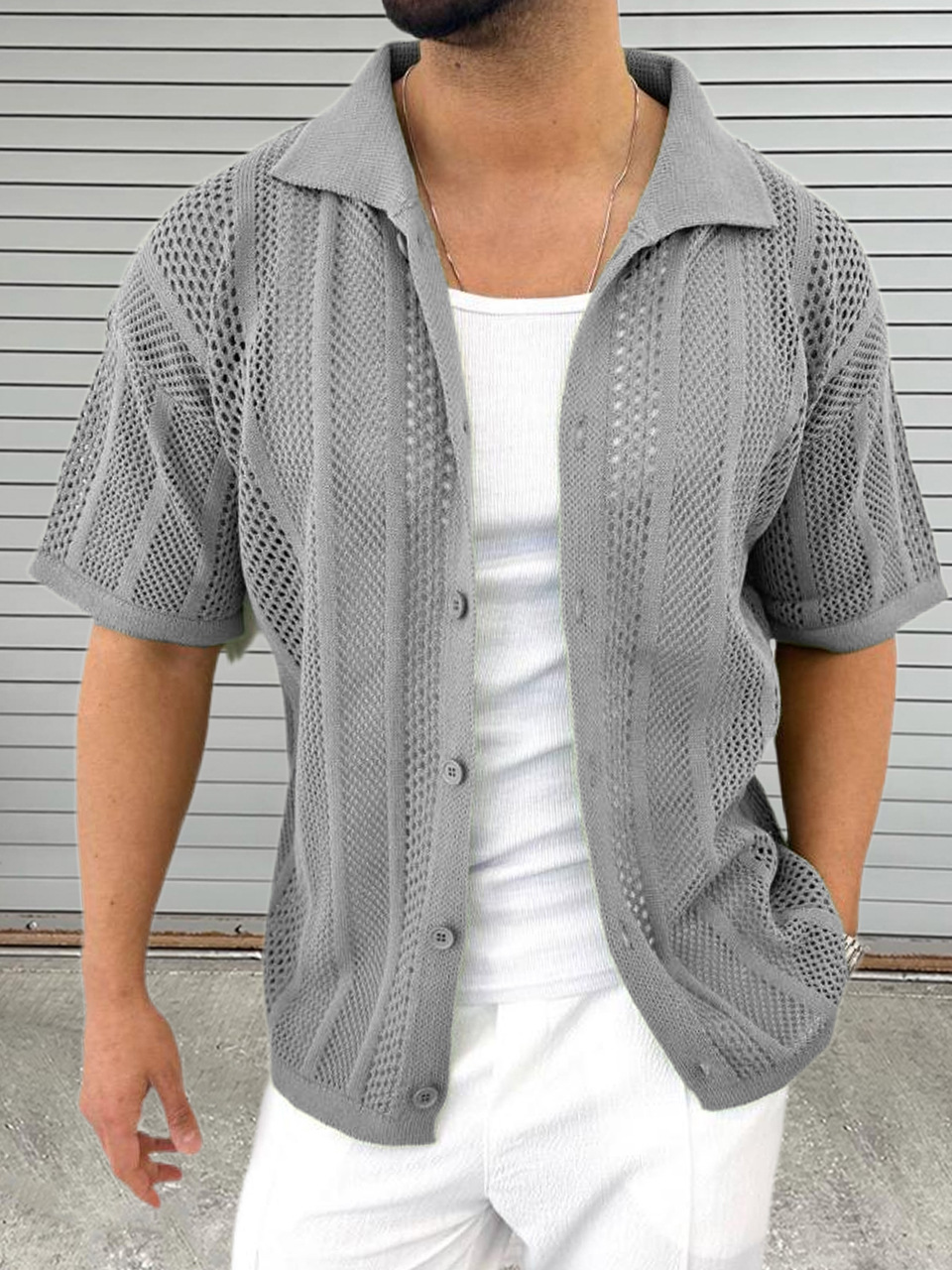 Vintage Knitted Hollow Out Shirts Men Fashion Button Lapel Short Sleeve Knit Shirt Summer Mens Knitwear Casual Solid Color Tops R240910