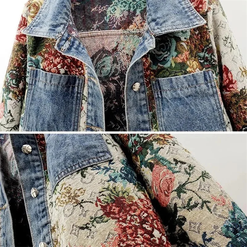2024 Spring Autumn New Print Denim Jacket Splicing Long Sleeve Lapel Pocket Denim Tops Women's Short Jacket Fashion Cowgirl Coat