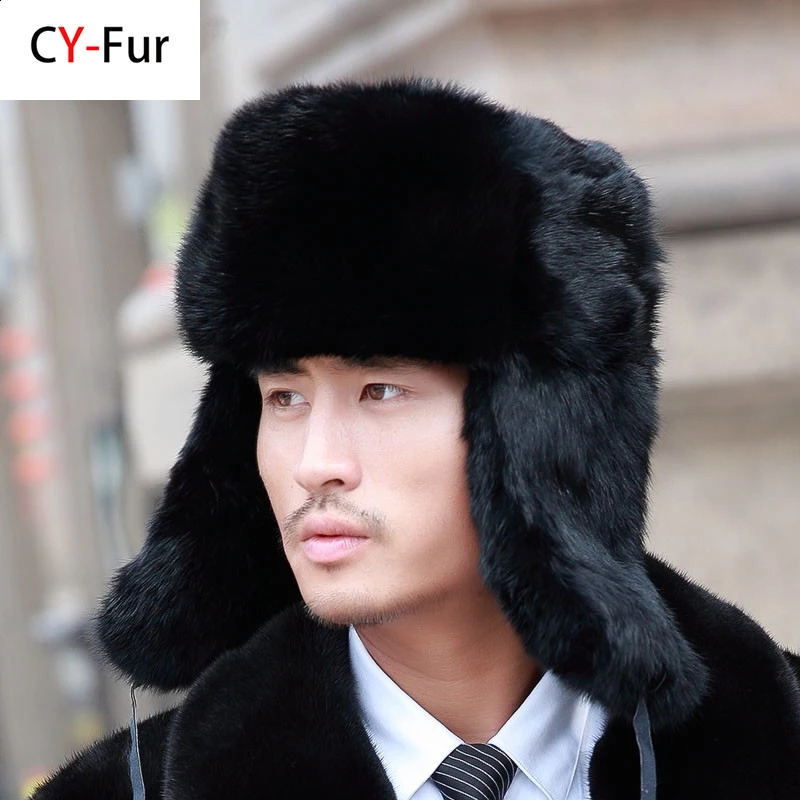 Fashion Thick Warm Bomber Hat Men Real Rabbit Fur Earflap Trapper Russian Cap Male Plus Size Winter Hats for Men Ski Russian Hat 240906CJ
