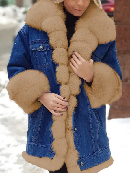 Thick Cowboy Jacket for Women AutumnWinter Full Sleeve Parka Fur Necklace Button Pocket Coat 240910