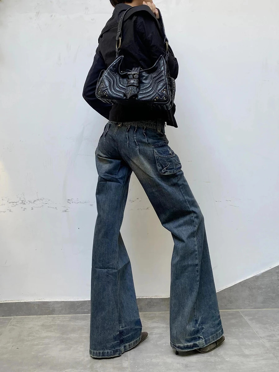 REDDACHiC Grayu Y2k Women Wide Leg Cargo Jeans Multi-pocket Flare Low Waist Distressed Ripped Bootcut Pants Vintage Streetwear 240906