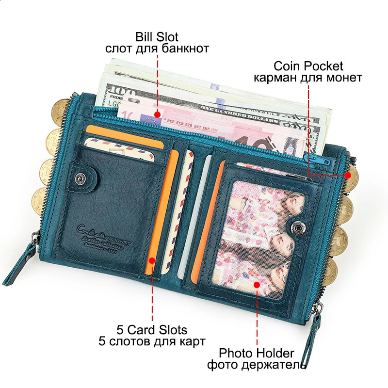 Contacts Name Engage Genuine Leather Wallet Womens Fashion Coin Pocket Mini Money Bag Card Clip Quality 240910