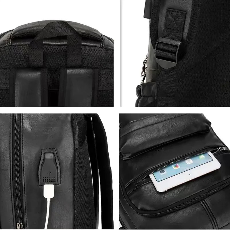 Retro USB Charging PU Leather Backpack Mens Large Capacity School Bag Youth Backpack Multi functional Travel Laptop Bag 240907
