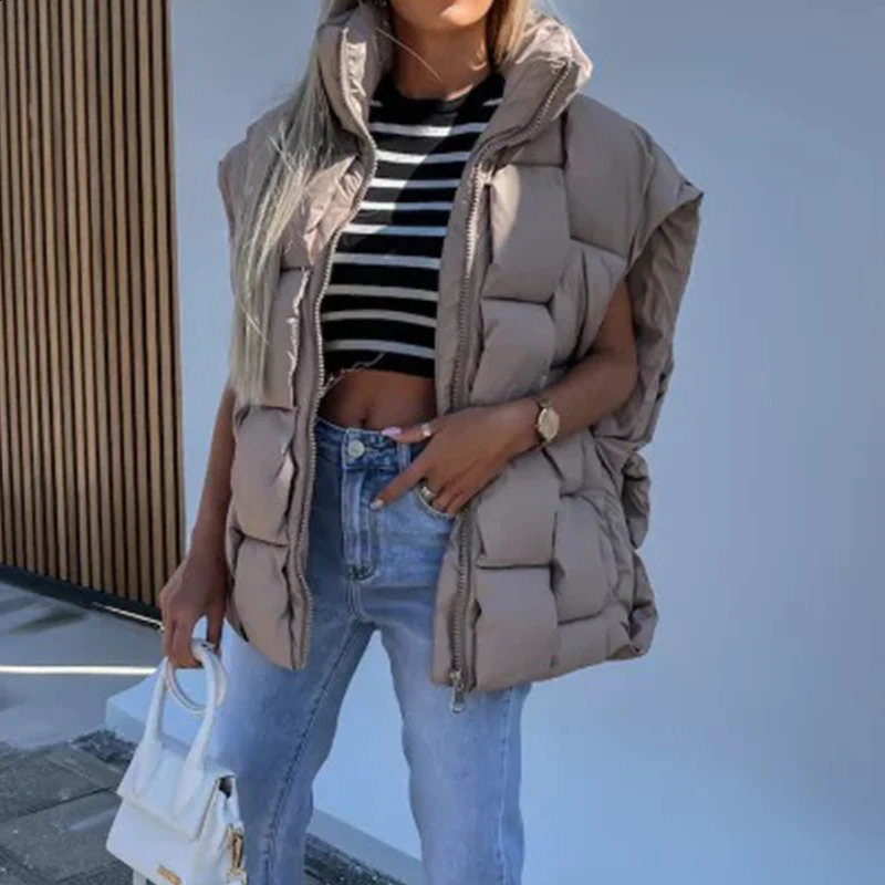 Fashionable Womens Zipper Stand Up Collar Padded Jacket Fashionable Warm Cotton Autumn Solid Sleeveless Vest 240910