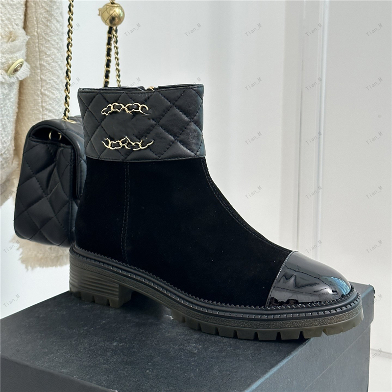 TOP QUALITY Luxury Brand Women Ankle Boots High Quality flat boots Leather Autumn Mid-Calf Boots Side Zipper Chain New Design Black Shoes