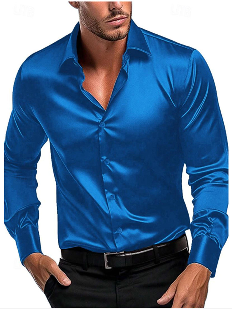 New business gentleman social fashion design shirt top Mens satin party slim fit dress shirt long sleeve dress wedding blouse top black white red blue