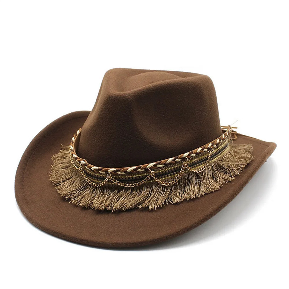 Womens and Mens Tassel Jazz Hat Wool 57-58cm Ethnic Style Curve Brim High Quality Cowboy Hat NZ0062 240909