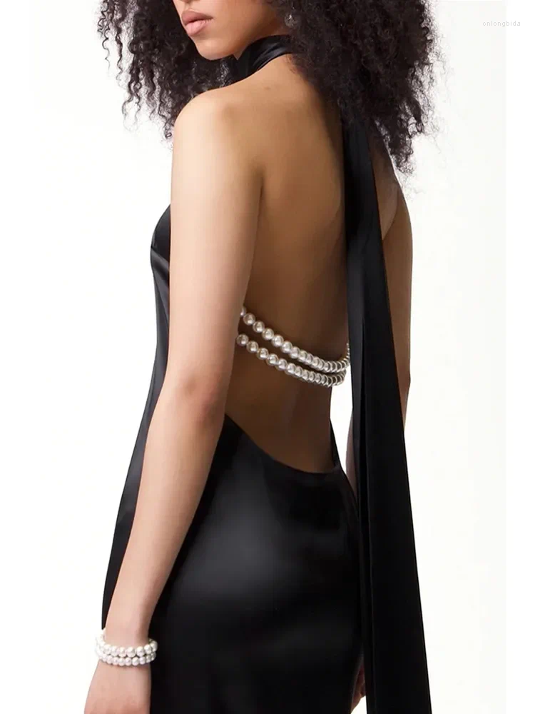 Casual Dresses 2024 Chic Women Celebrity Sexy Backless Halter Pearl Black White Maxi Long Bodycon Dress Elegant Evening Club Party Outfit
