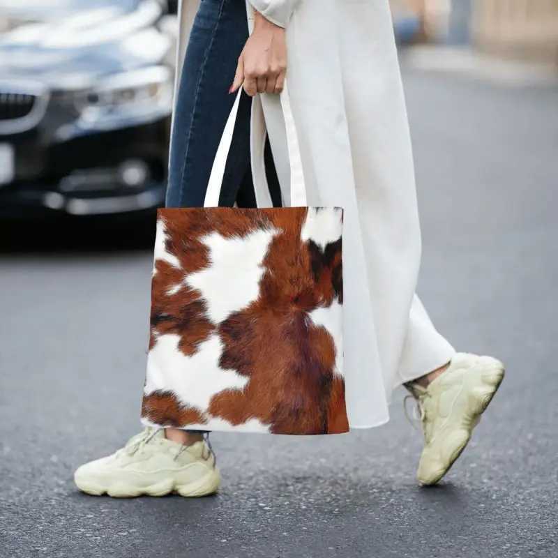 Spotted Brown Farm Animal Skin Grocery Tote Shopping Bags Cow Fur Cowhide Texture Printing Canvas Shoulder Shopper Bag Handbags Z240910