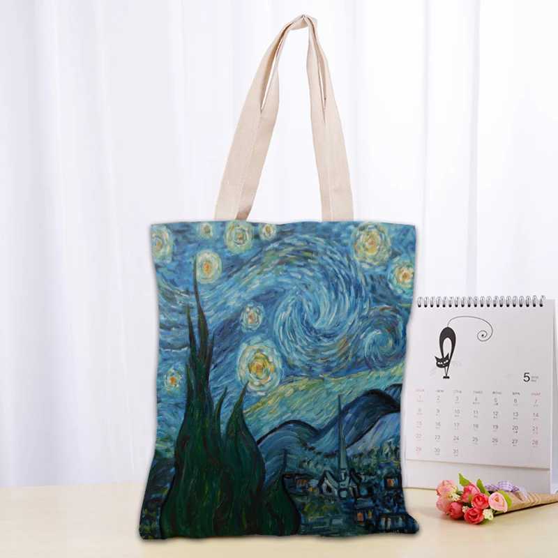 PT011,Van Gogh The Starry Night Tote Canvas Fabric Eco Reusable Shopping Bags Traveling Beach Casual Useful Shoulder Bag Z240910