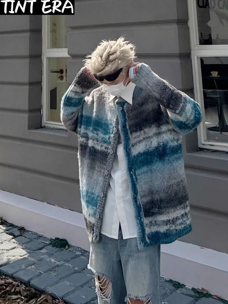 Striped Knitted Sweater Coat Men Japanese Y2K Oversize Casual Autumn Winter Loose V-Neck Cardigan for Men Rainbow Color 240906