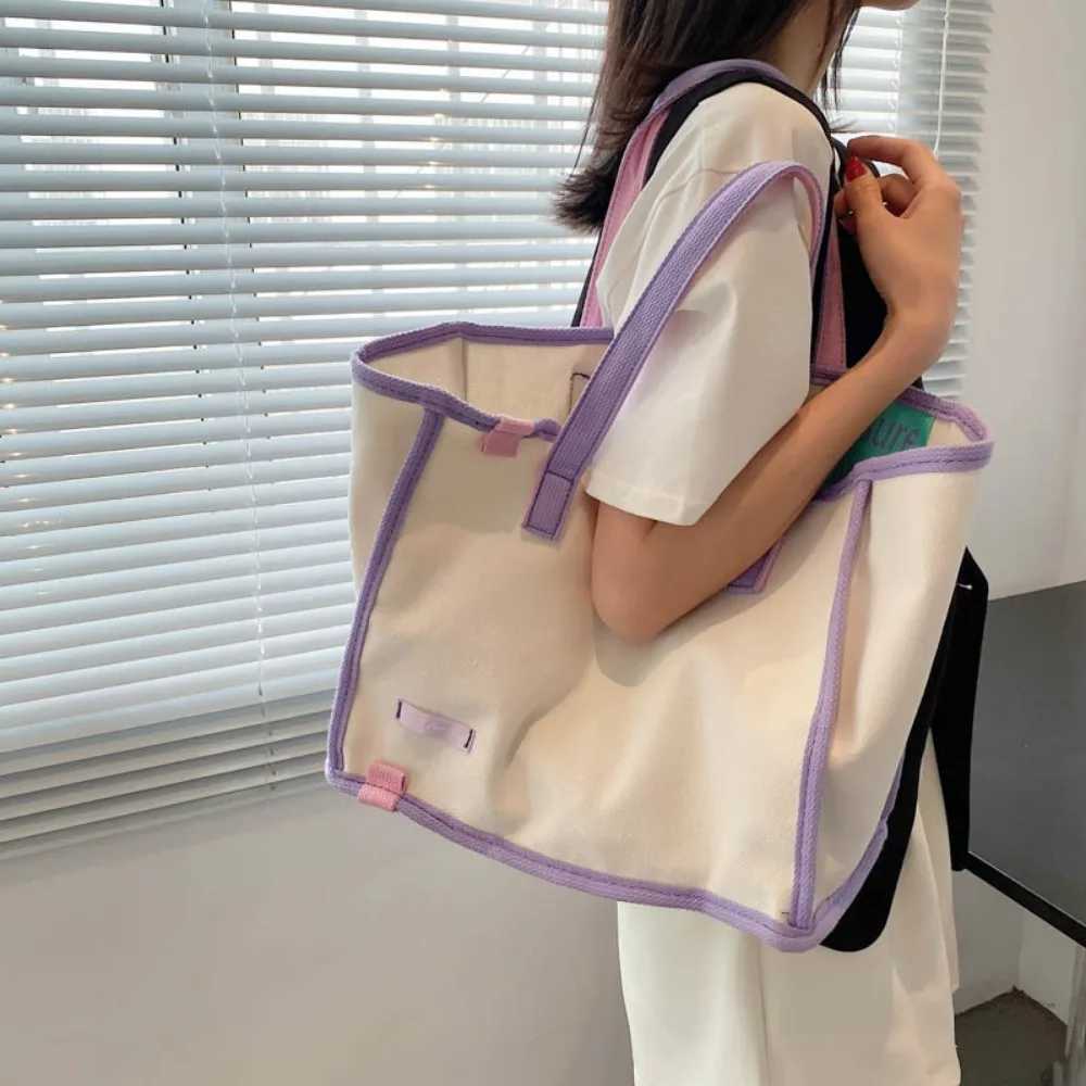 Vegan Canvas Tote Bags Women Fashion Versatile Hasp Contrast Handbags Ladies Simple Casual Large Capacity Shopping Shoulder Bag Z240910