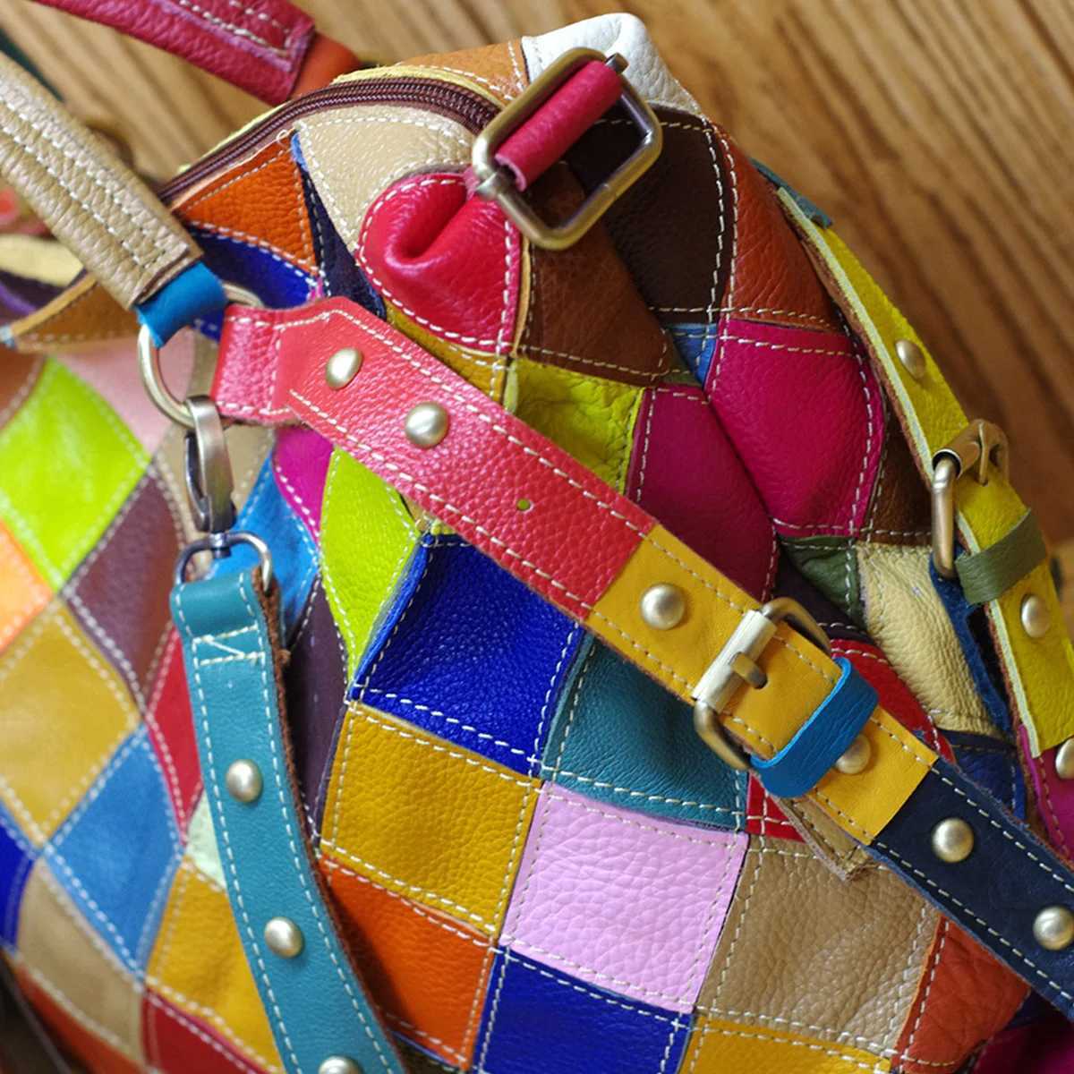 CMM Leather Cowhide Color Random Plaid National Style Handbag Shoulder Crossbody Bag Tote 240910