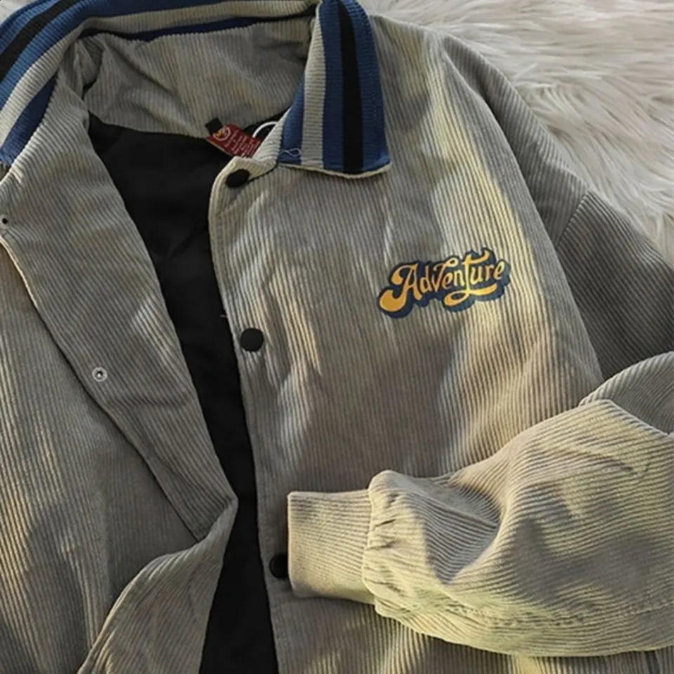 American retro high street baseball mens and womens uniform jackets for spring and autumn casual oversized loose corduroy jackets and tops 240909