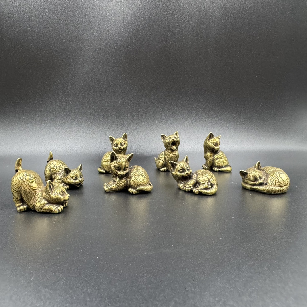 8 styles Brass Cute Cat figurines Miniature tabletop ornaments Classical small animal home decoration accessories