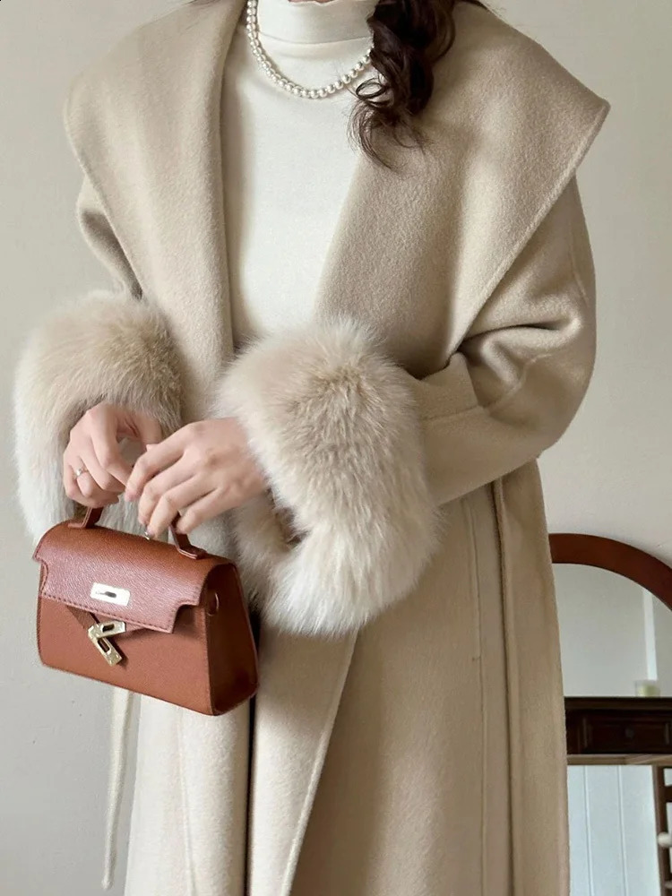 Lanmrem Fox Fur High end Wool Coat Womens Big Collar Double sided Belt Coat Womens Clothing Winter 2DA2595 240909