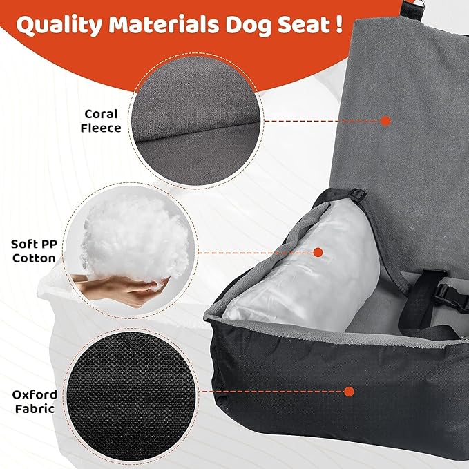 Pet Car Seat with Storage Pockets and Clip-On Safety Leash, Washable Coral Fleece Dog Booster Seat for Small Medium Dogs, Small Dog for Travel Dog Car