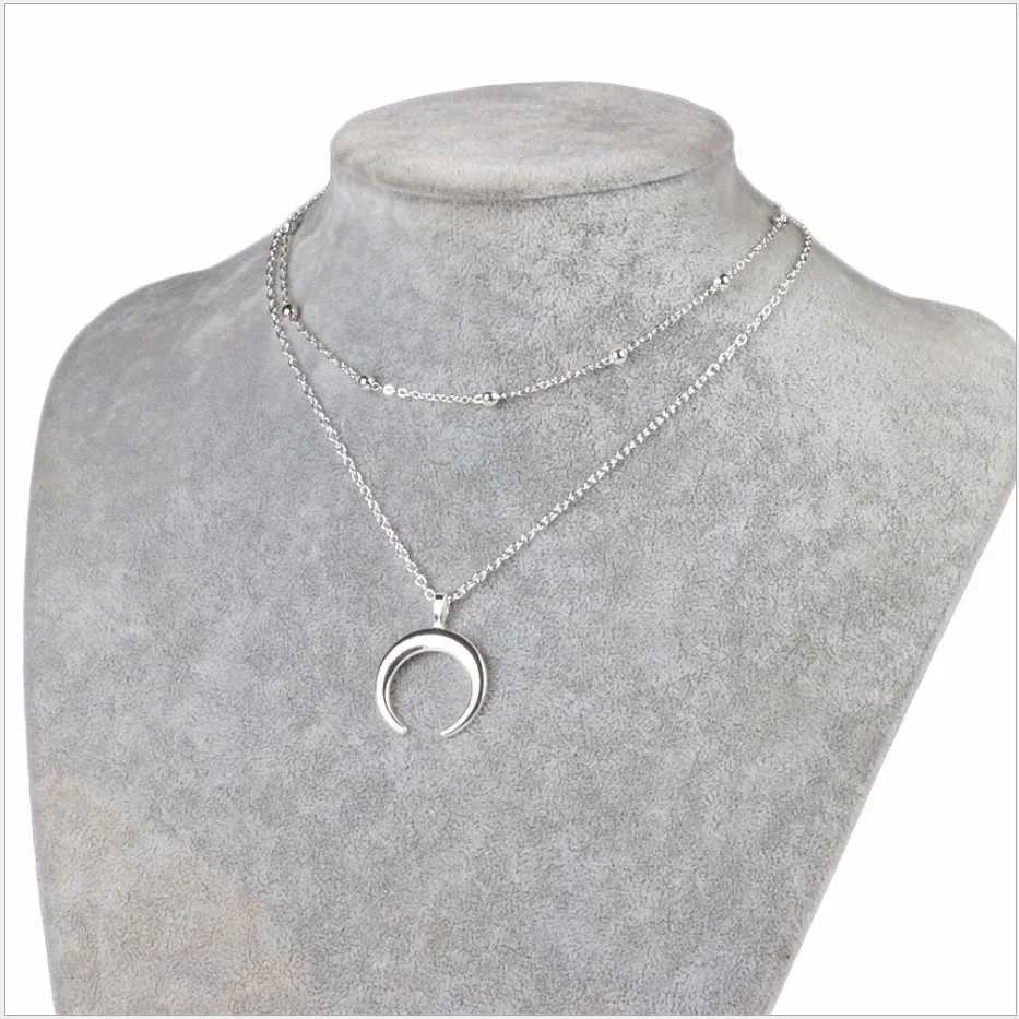 Two layers Necklace metal Bead Choker plated chain Moon Ox Horn pendant Silver color gold color for Women Girls GiftX240910