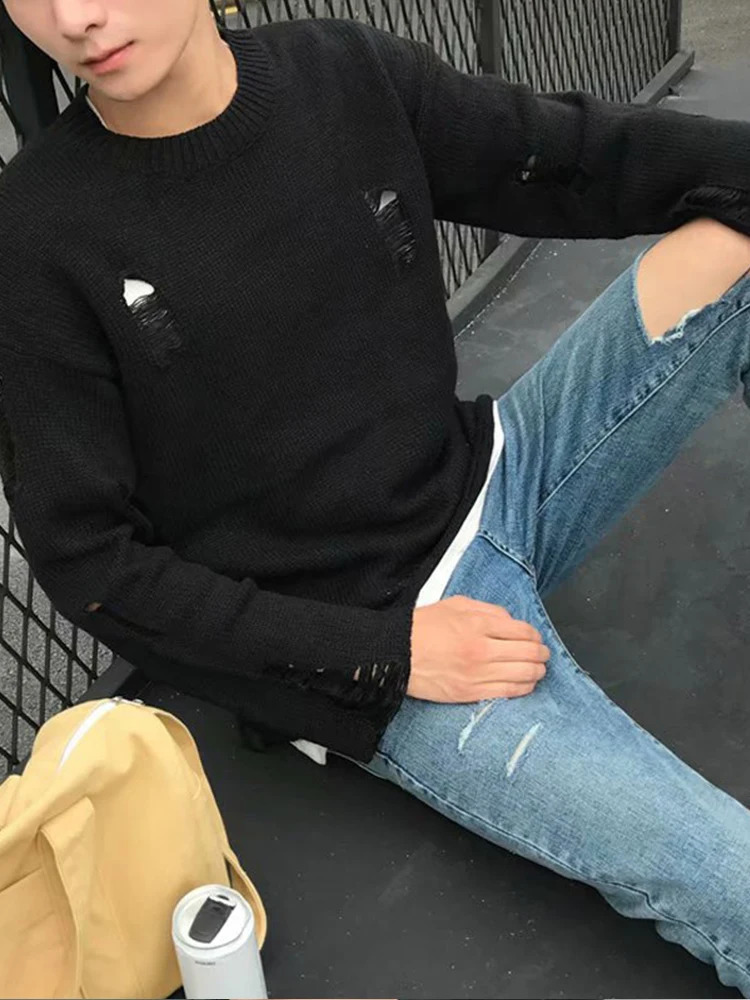 Spring and Autumn Mens Knitted Sweater with Large Tear Hole Irregular Fashionable Retro Long Sleeve Round Neck Loose Pulling 240907