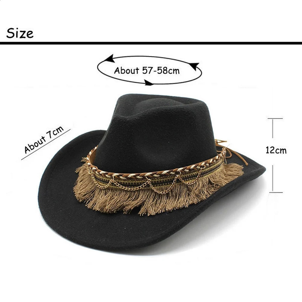 Womens and Mens Tassel Jazz Hat Wool 57-58cm Ethnic Style Curve Brim High Quality Cowboy Hat NZ0062 240909