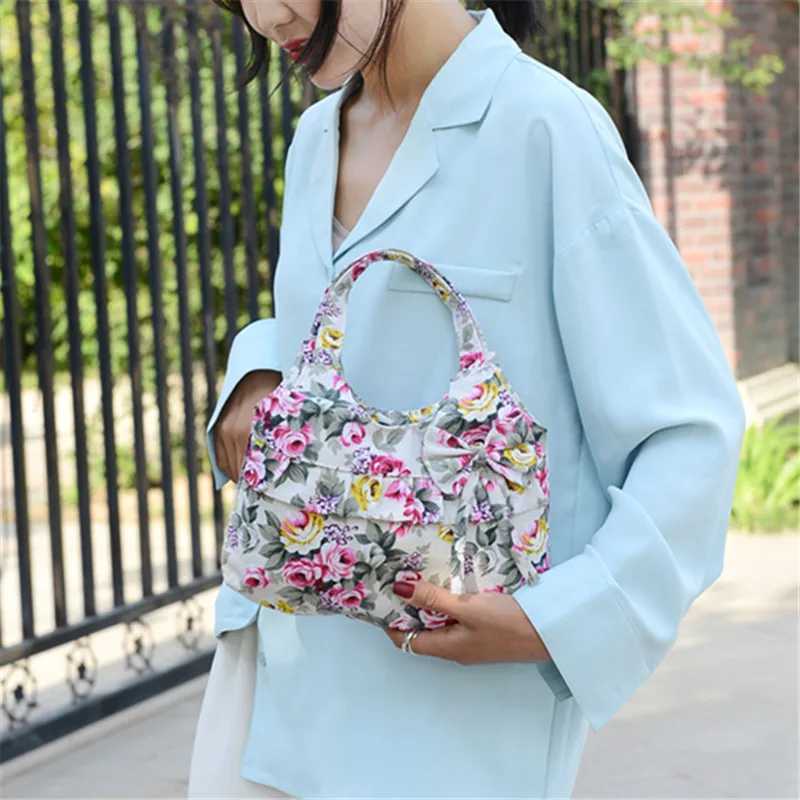 Women Canvas Handbag Bow Shoulder Bag Female Flower Printed FAshion Small Canvas Bag Mobile Phone Bag Coin Purse Mini Bag Z240910