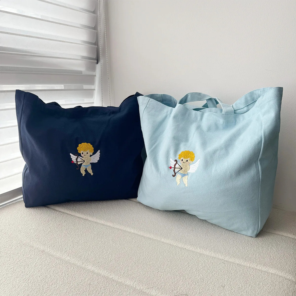 Cute Angel Embroidered Retro Style Canvas Reusable Tote Bags 80s 90s Street Shoulder Bags Ladies Casual Kpop Shopping Bags 240906