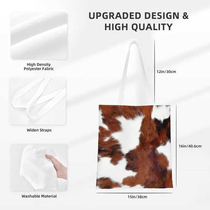 Spotted Brown Farm Animal Skin Grocery Tote Shopping Bags Cow Fur Cowhide Texture Printing Canvas Shoulder Shopper Bag Handbags Z240910
