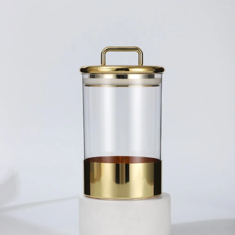 Storage Bottles Grains Moisture-proof Box Transparent Glass Dry Goods Jar Gold Cover Kitchen Household Sealed
