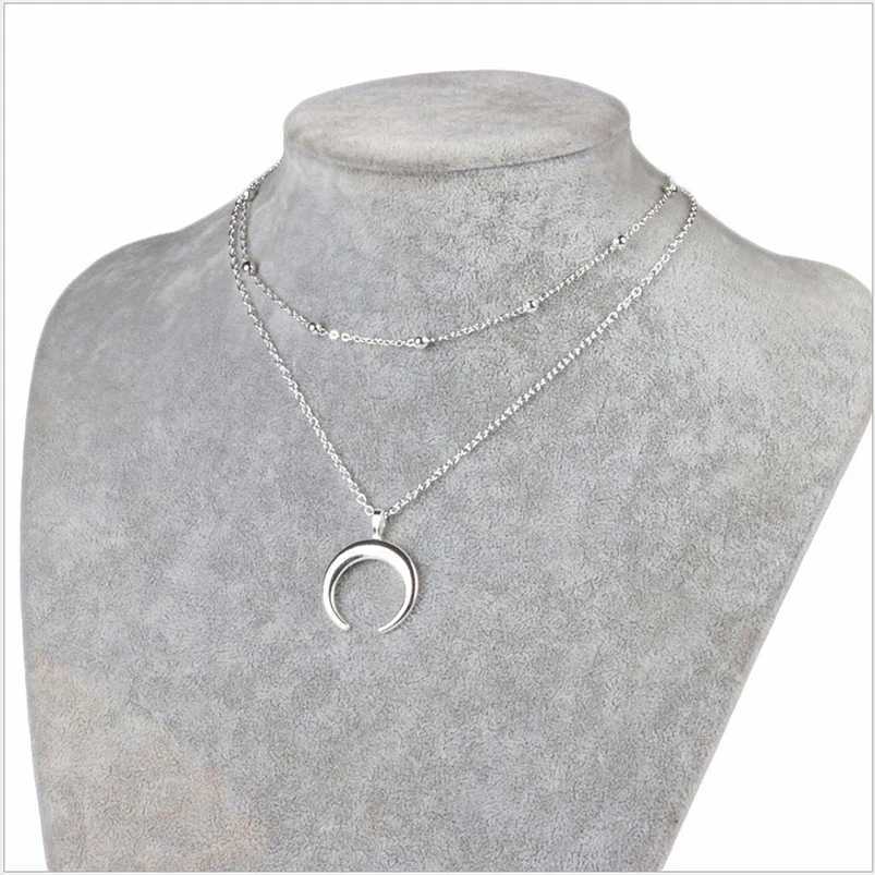 Two layers Necklace metal Bead Choker plated chain Moon Ox Horn pendant Silver color gold color for Women Girls GiftX240910