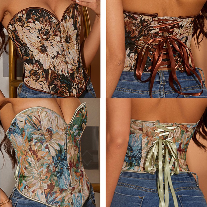 Multicolor Vintage Women's Oil Painting Inspired Renaissance Jacquard Overbust Corset XS-XXL
