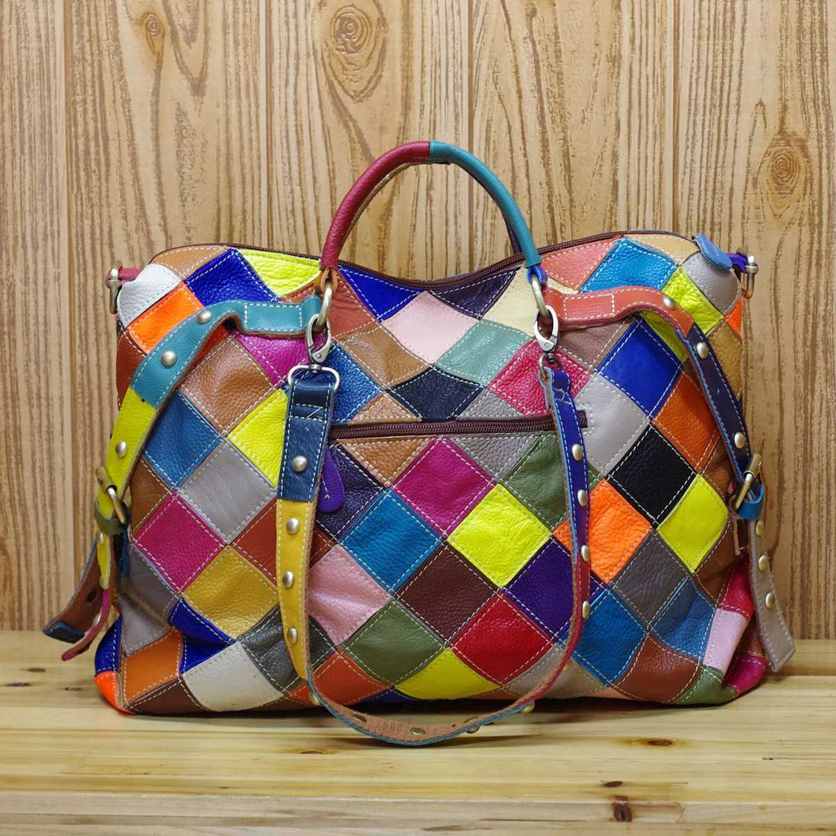 CMM Leather Cowhide Color Random Plaid National Style Handbag Shoulder Crossbody Bag Tote 240910