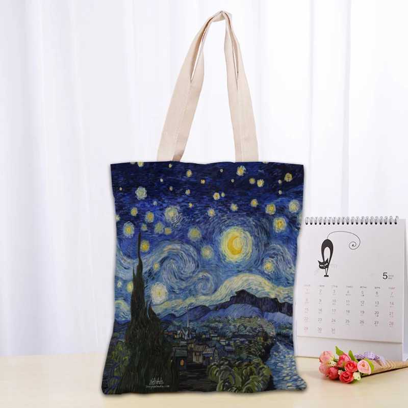 PT011,Van Gogh The Starry Night Tote Canvas Fabric Eco Reusable Shopping Bags Traveling Beach Casual Useful Shoulder Bag Z240910
