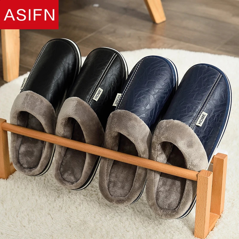 Mens Big Size Winter Slippers Home PU Leather Shoes for Men Indoor Waterproof Fur Cotton Male Bedroom Slipper Flat Houseshoes 240914
