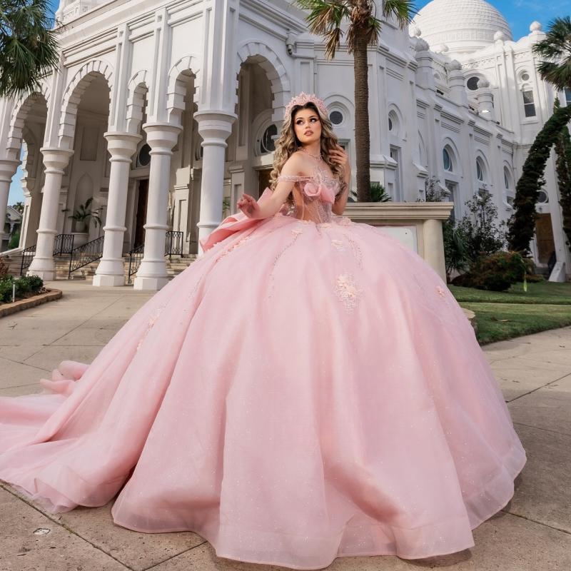 Pink Dresses Off The Shoulder Lace Appliqued Beads Crystal Bow Tull Ball Gown Vestidos 15 De Quinceanera Sweet 16 Dress