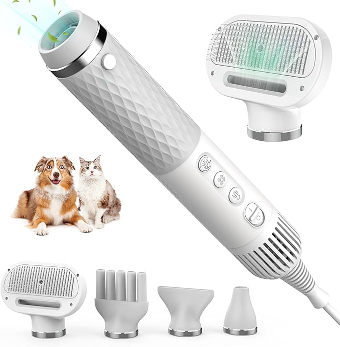 Dog Hair Dryer, 5 in 1 Portable Handheld Dog Dryer with Smart Temperature Adjustment, Dog Blow Dryer with Grooming Brush for Home, Pet Washing Station