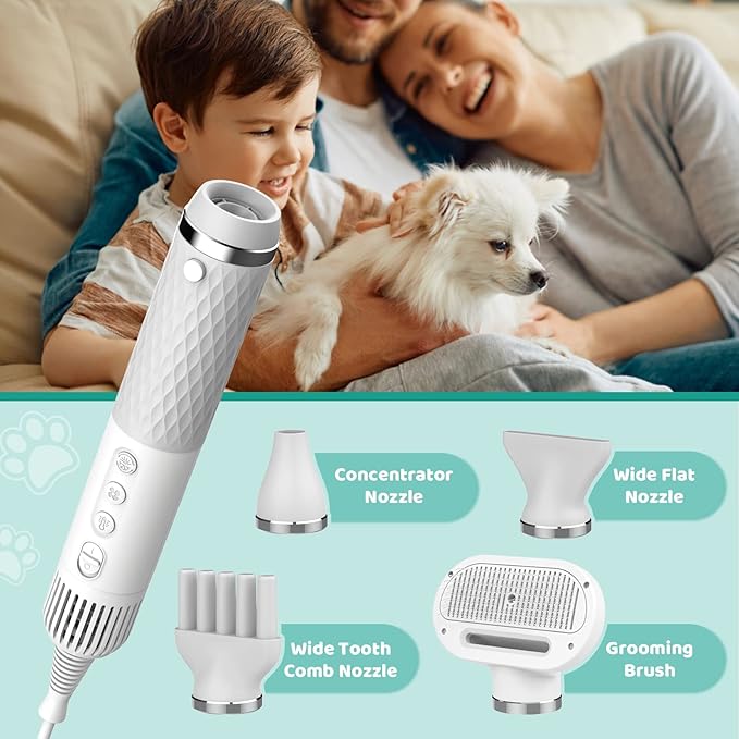 Dog Hair Dryer, 5 in 1 Portable Handheld Dog Dryer with Smart Temperature Adjustment, Dog Blow Dryer with Grooming Brush for Home, Pet Washing Station