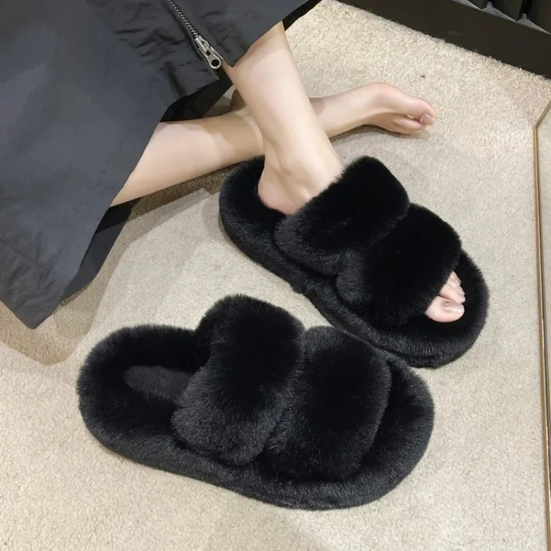 Women Thicken Plush Fur Slippers Winter Slip on Chunky Platform Loafers Mules Woman Thick Bottom Cotton Slippers Flip Flops 240910