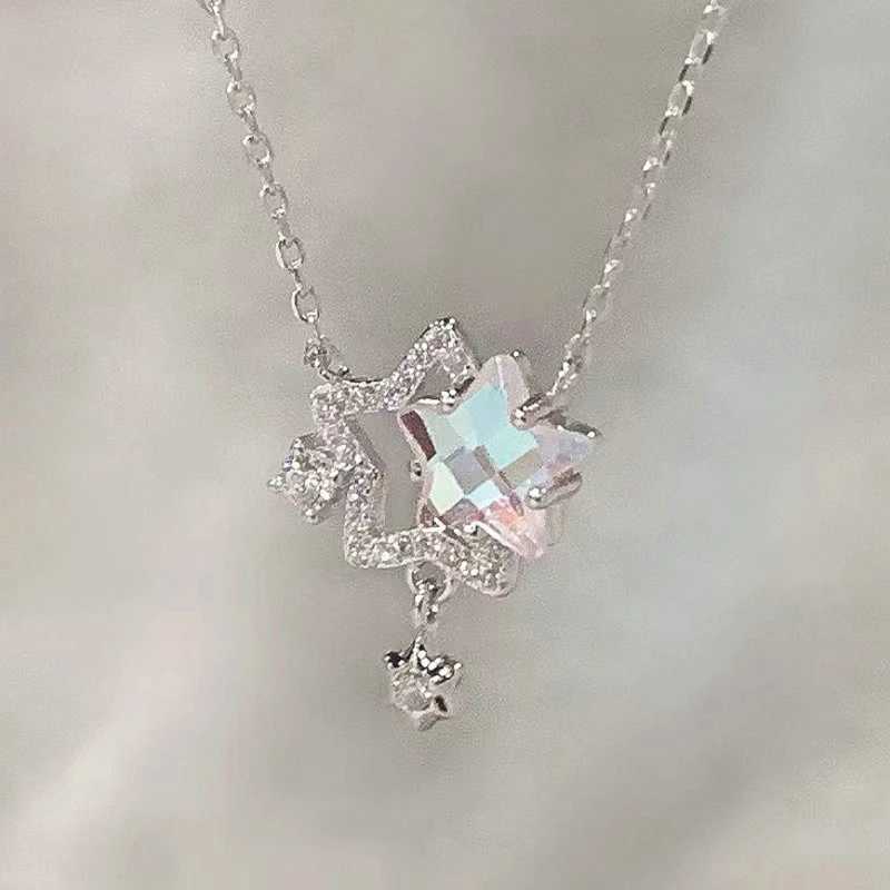 Fairy Elegant Pink Round Crystal Pendant Necklace Simple Design Korean Fashion Girls Women Star Clavicle Chain Jewelry Gifts XJ250524