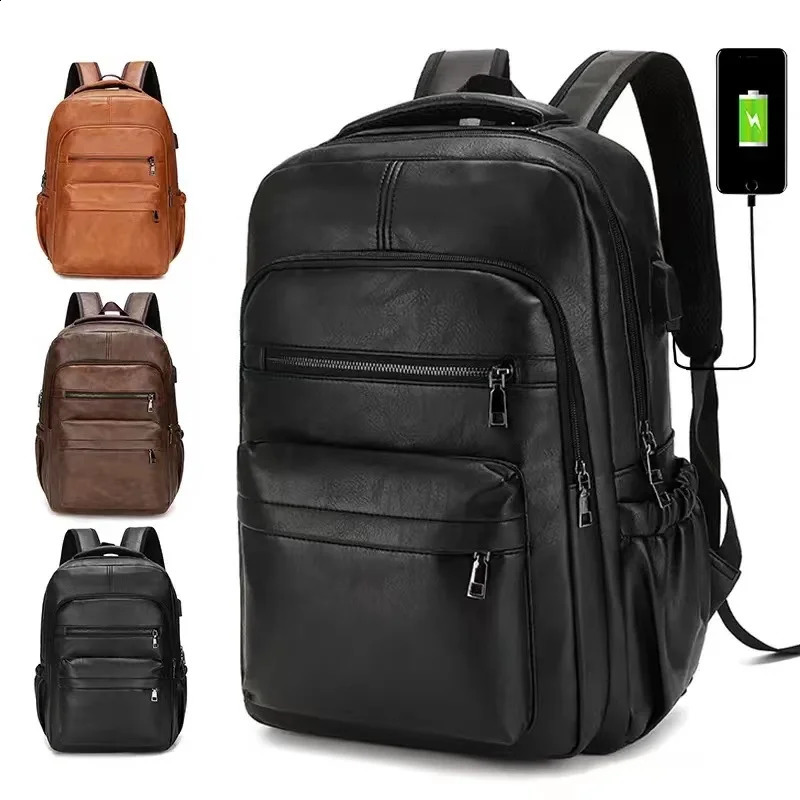 Retro USB Charging PU Leather Backpack Mens Large Capacity School Bag Youth Backpack Multi functional Travel Laptop Bag 240907