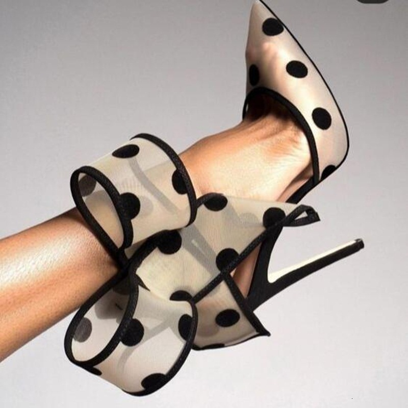 Polka Dot Butterfly High Heel Pumps Clear Mesh Pointed Toe Big Ankle Strap Hollow Thin Heels Women Banquet Shoes