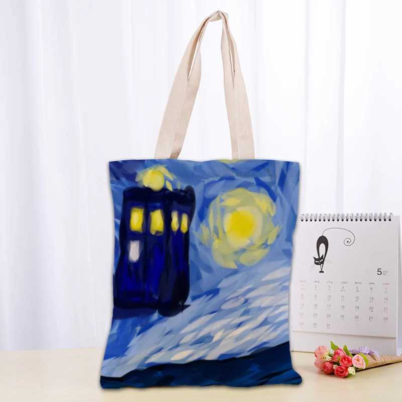 PT011,Van Gogh The Starry Night Tote Canvas Fabric Eco Reusable Shopping Bags Traveling Beach Casual Useful Shoulder Bag Z240910
