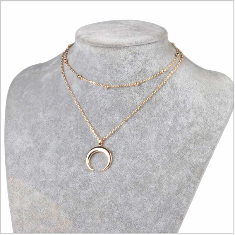 Two layers Necklace metal Bead Choker plated chain Moon Ox Horn pendant Silver color gold color for Women Girls GiftX240910