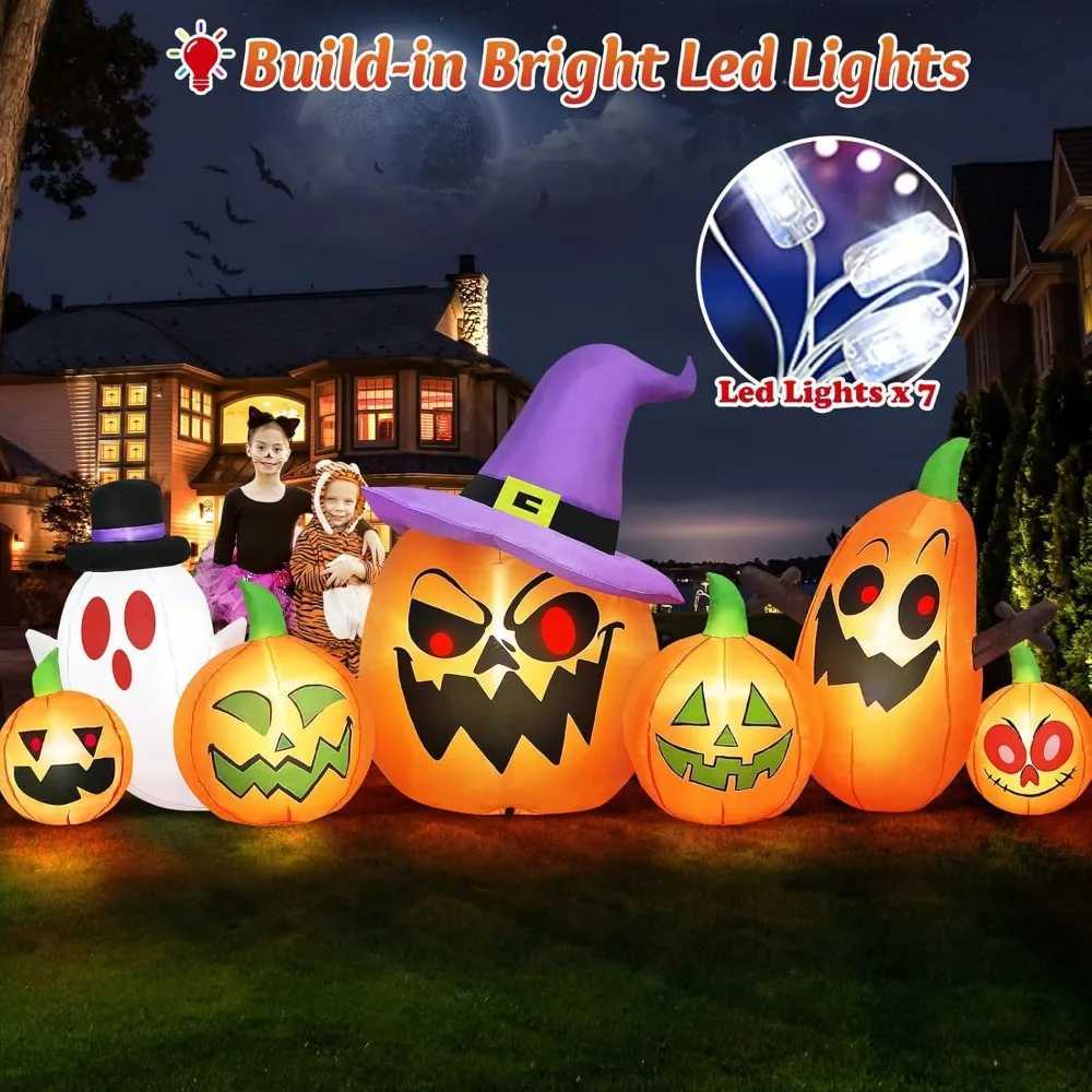 8-foot long Halloween inflatable outdoor decoration haunted inflatable pumpkin with witch hat and ghost combination blowing courtyardX240910