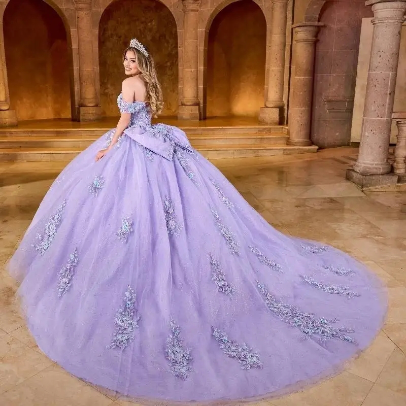 Lavender Shiny Quinceanera Dresses Sweet 16 Dress Lace Applique Beads Tull Off Shoulder Lace-up Prom Ball Gowns Vestido De 15 Anos