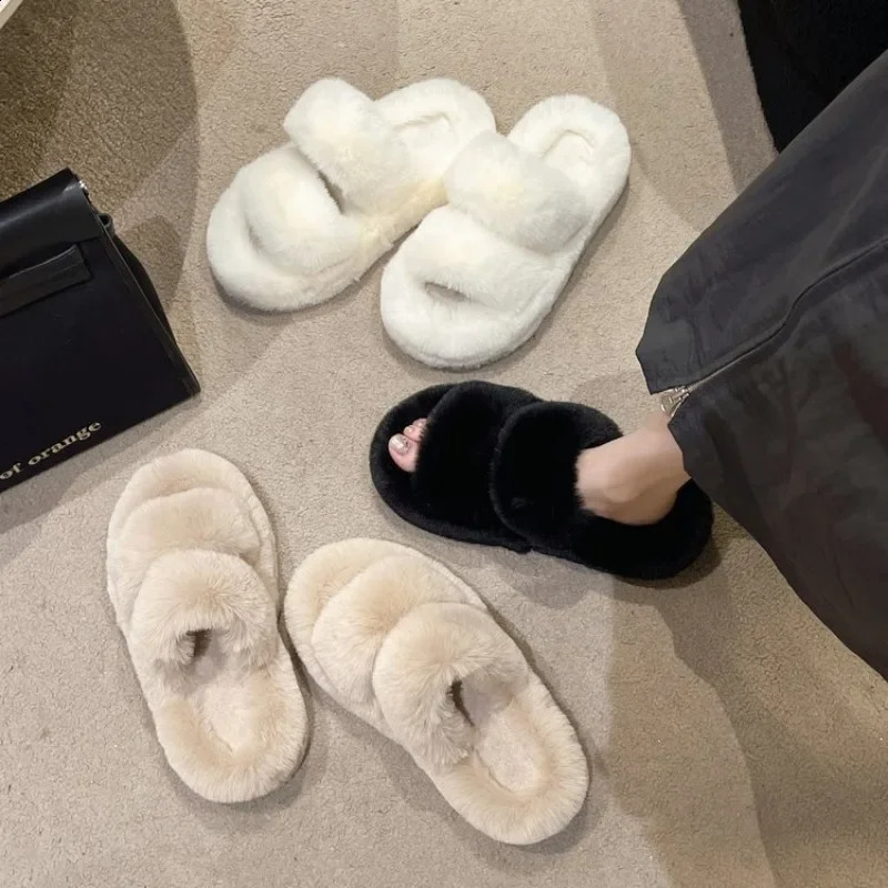 Women Thicken Plush Fur Slippers Winter Slip on Chunky Platform Loafers Mules Woman Thick Bottom Cotton Slippers Flip Flops 240910