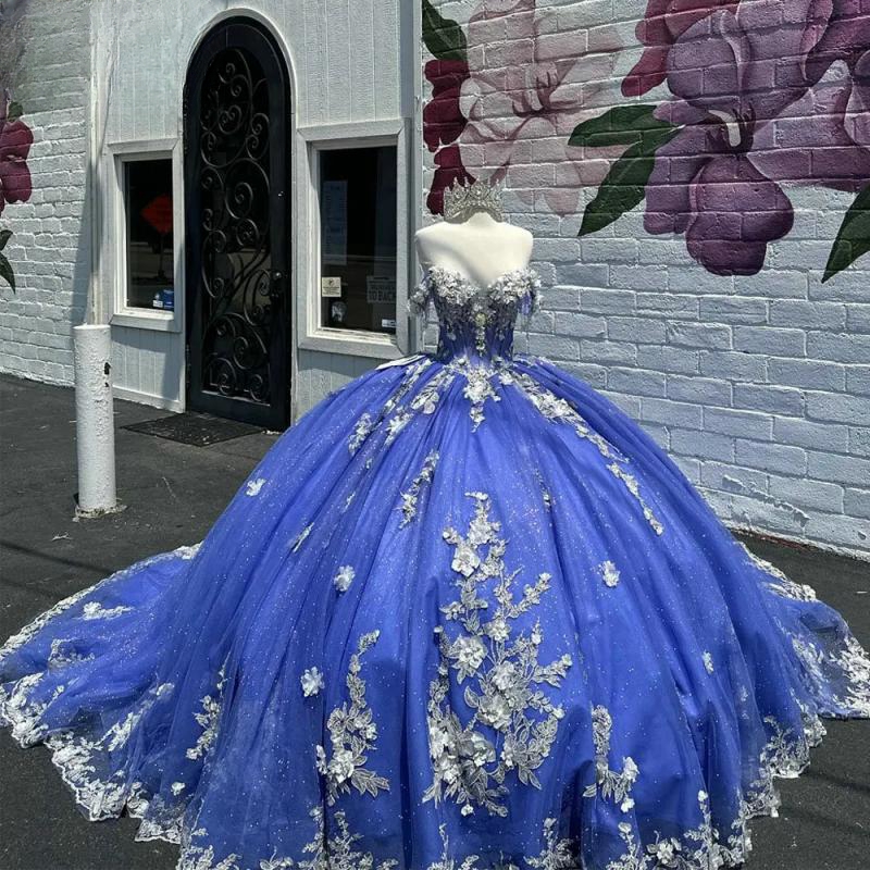 Blue Shiny Ball Gown Quinceanera Dresses Sparkly Off The Shoulder Appliques Lace 3D wers Beading Tull Sweet 16 Vestido De 15 Anos