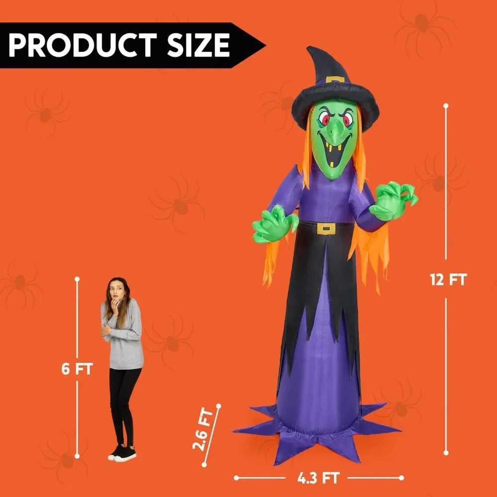 12 foot giant Halloween inflatable witch with built-in LED lights a hair blowing horror witch for outdoor decoration Halloween courtyardX240910