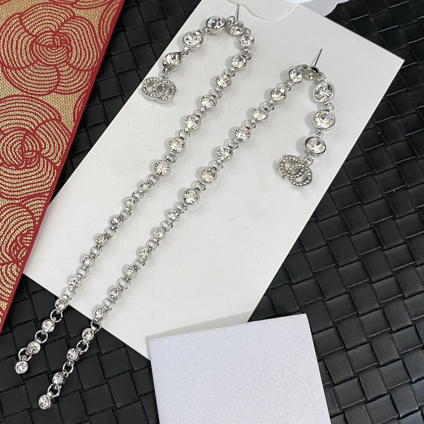 Classic Design Stud Long Earrings Crystal Rhinestone Pearl Real Gold Brass Copper Stamp Letter Earring Fashion Women Elegance Wedding Party Jewelry Accessories