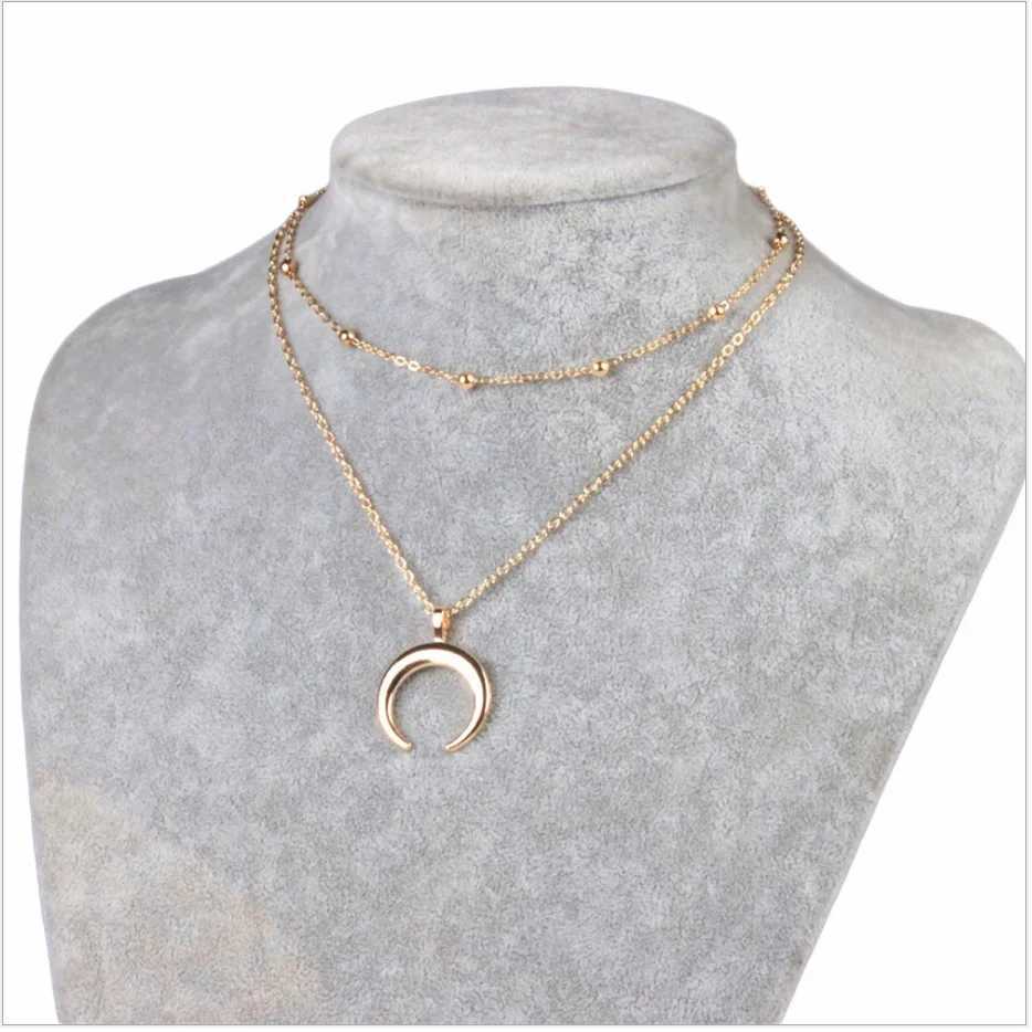 Two layers Necklace metal Bead Choker plated chain Moon Ox Horn pendant Silver color gold color for Women Girls GiftX240910